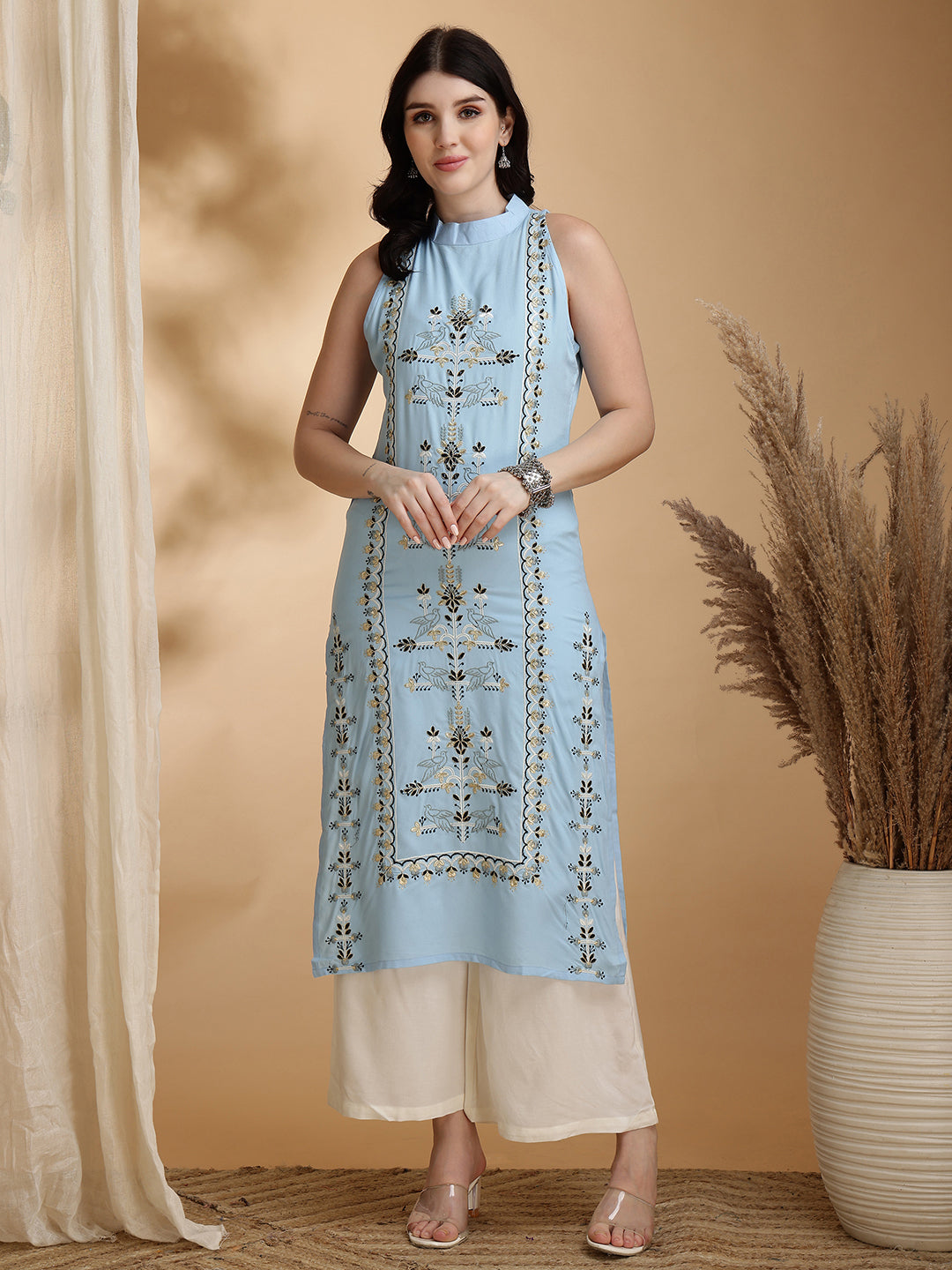 Sky Blue Rayon With Full Embroidered Straight Cut Sleeveless Cor-ord Set